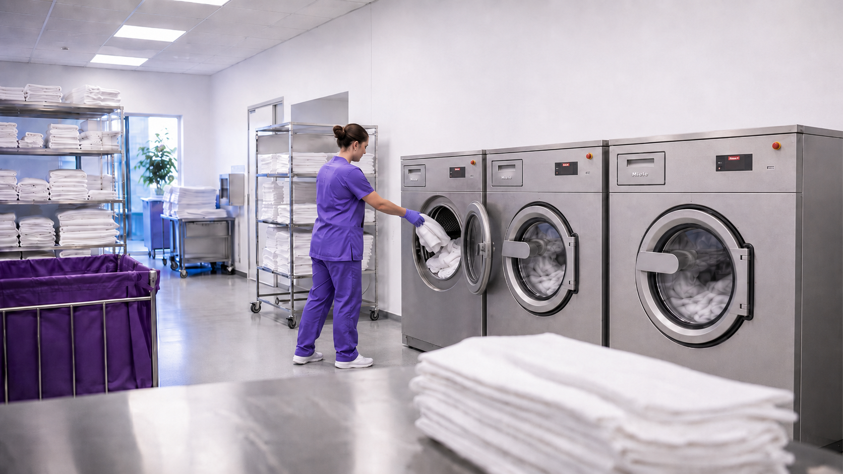 A healthcare worker in scrubs and gloves loading white linen into a commercial washer-extractor in a hospital laundry